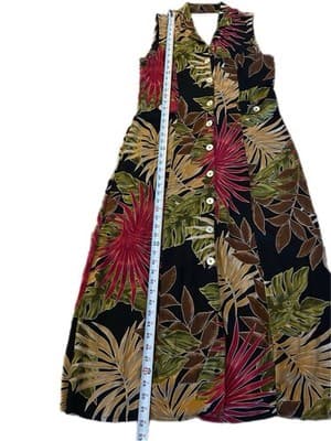 Vintage Long Floral Boho Sundress Earthy Green Tan Leaf Halter Soft Flowy Rayon - Thumbnail 3