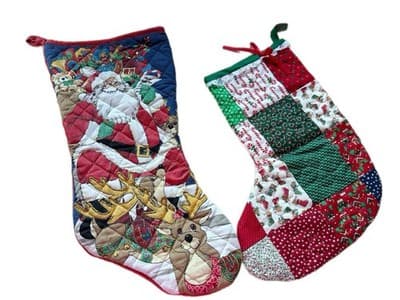 Vintage Set CHRISTMAS STOCKINGS Traditional Santa Claus Candy Cane Deer Quilted - Thumbnail 6