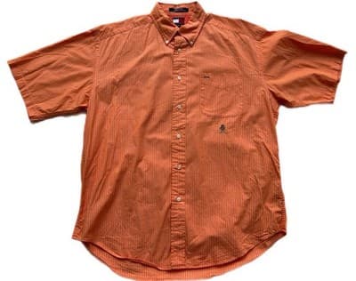 L Vintage Tommy Hilfiger Peach Coral Men’s 100% Cotton Shirt Old School Retro - Thumbnail 4
