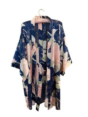 Vintage Satin Shiny Bell Angel Sleeve Kimono Robe Peach/Blush & Blue Floral - Thumbnail 2