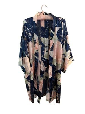 Vintage Satin Shiny Bell Angel Sleeve Kimono Robe Peach/Blush & Blue Floral - Thumbnail 4
