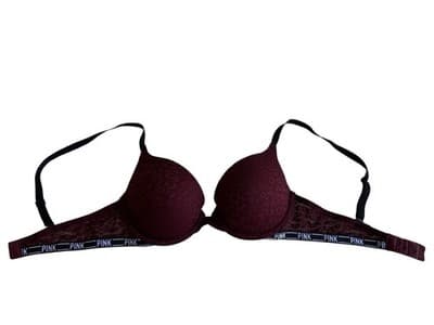 Victorias Secret Burgundy Wine Pink Logo Push Up Bra 32C Lace Cups Lingerie - Thumbnail 5