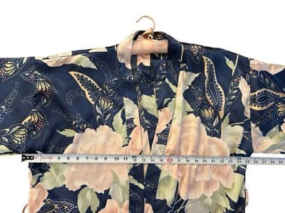 Vintage Satin Shiny Bell Angel Sleeve Kimono Robe Peach/Blush & Blue Floral - Thumbnail 8