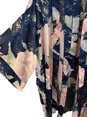 Vintage Satin Shiny Bell Angel Sleeve Kimono Robe Peach/Blush & Blue Floral - Thumbnail 3