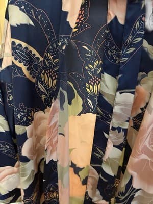 Vintage Satin Shiny Bell Angel Sleeve Kimono Robe Peach/Blush & Blue Floral - Thumbnail 7