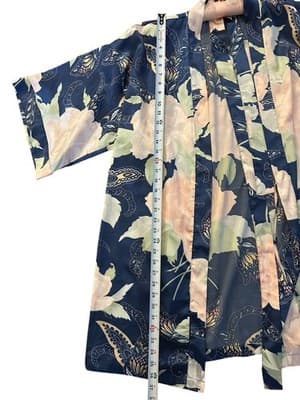 Vintage Satin Shiny Bell Angel Sleeve Kimono Robe Peach/Blush & Blue Floral - Thumbnail 9