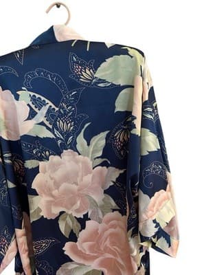 Vintage Satin Shiny Bell Angel Sleeve Kimono Robe Peach/Blush & Blue Floral - Thumbnail 5