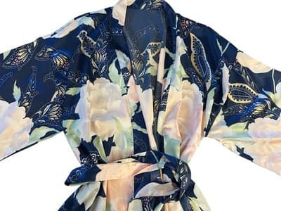 Vintage Satin Shiny Bell Angel Sleeve Kimono Robe Peach/Blush & Blue Floral - Thumbnail 11