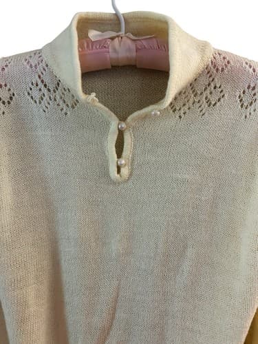 Vintage Cream Pastel Yellow Pearl Puffed Sleeves Sweater Romantic Fall Pullover - Thumbnail 3
