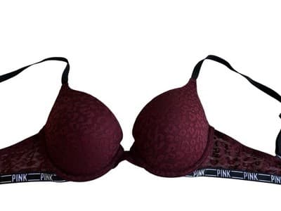 Victorias Secret Burgundy Wine Pink Logo Push Up Bra 32C Lace Cups Lingerie - Thumbnail 2
