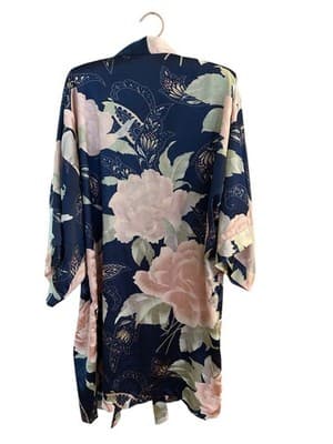 Vintage Satin Shiny Bell Angel Sleeve Kimono Robe Peach/Blush & Blue Floral - Thumbnail 6