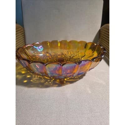 Vintage Indiana Glass Marigold Carnival Glass Harvest Grape Oval Footed Bowl 12"