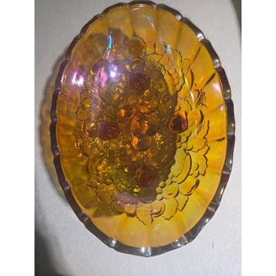Vintage Indiana Glass Marigold Carnival Glass Harvest Grape Oval Footed Bowl 12" - Thumbnail 3