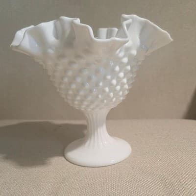 Vintage Fenton Hobnail Milk Glass Pedestal Compote Ruffled Crimped Edge Bowl