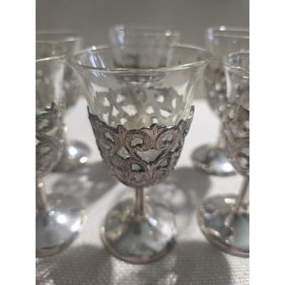 Vintage Silver Plated Filigree Cordial Glasses Removable Glass Insert Set of 6 - Thumbnail 3