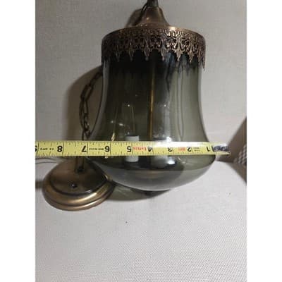 70's Swag Pendant Smoked Glass Bell 7in Brass - Thumbnail 6