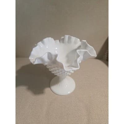 Vintage Fenton Hobnail Milk Glass Pedestal Compote Ruffled Crimped Edge Bowl - Thumbnail 3