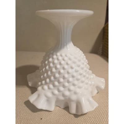 Vintage Fenton Hobnail Milk Glass Pedestal Compote Ruffled Crimped Edge Bowl - Thumbnail 4