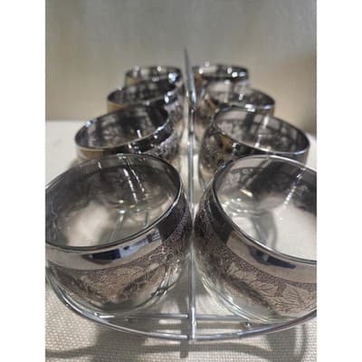 Vintage Silver Fade Roly Poly Glasses Embossed Grape Caddy Set of 8 MCM Barware - Thumbnail 2