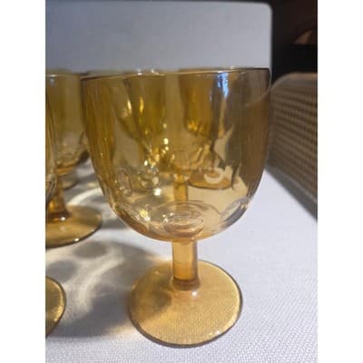 Set of 7 Vintage Bartlett Collins Amber Thumbprint Goblets 6.25" Water Glasses - Thumbnail 5