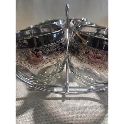 Vintage Silver Fade Roly Poly Glasses Embossed Grape Caddy Set of 8 MCM Barware - Thumbnail 3