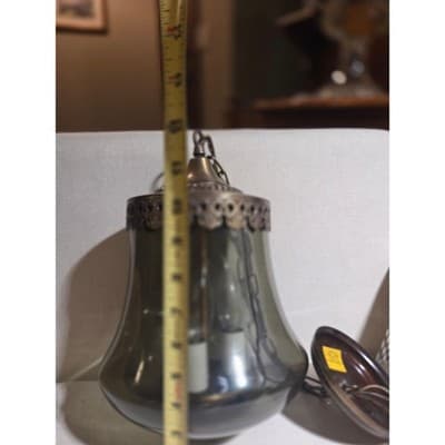 70's Swag Pendant Smoked Glass Bell 7in Brass #2 - Thumbnail 5
