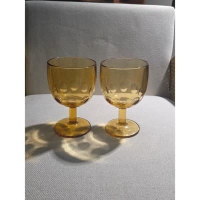 Set of 7 Vintage Bartlett Collins Amber Thumbprint Goblets 6.25" Water Glasses - Thumbnail 3
