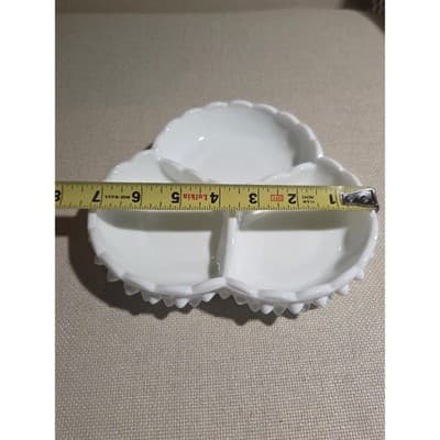 Vintage Fenton White Milk Glass Hobnail 3-Part Relish Dish Scalloped Edge - Thumbnail 4