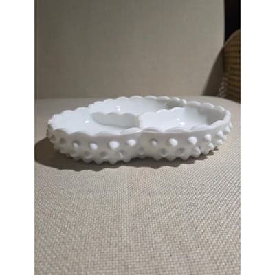 Vintage Fenton White Milk Glass Hobnail 3-Part Relish Dish Scalloped Edge - Thumbnail 5