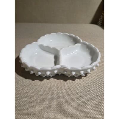 Vintage Fenton White Milk Glass Hobnail 3-Part Relish Dish Scalloped Edge - Thumbnail 6