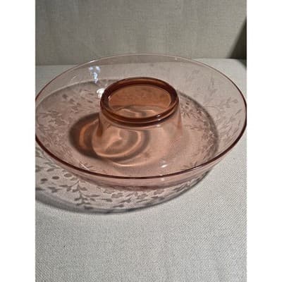 Vtg 12" Lancaster Glass Pink Depression Centerpiece Bowl Floral Etched 1930s