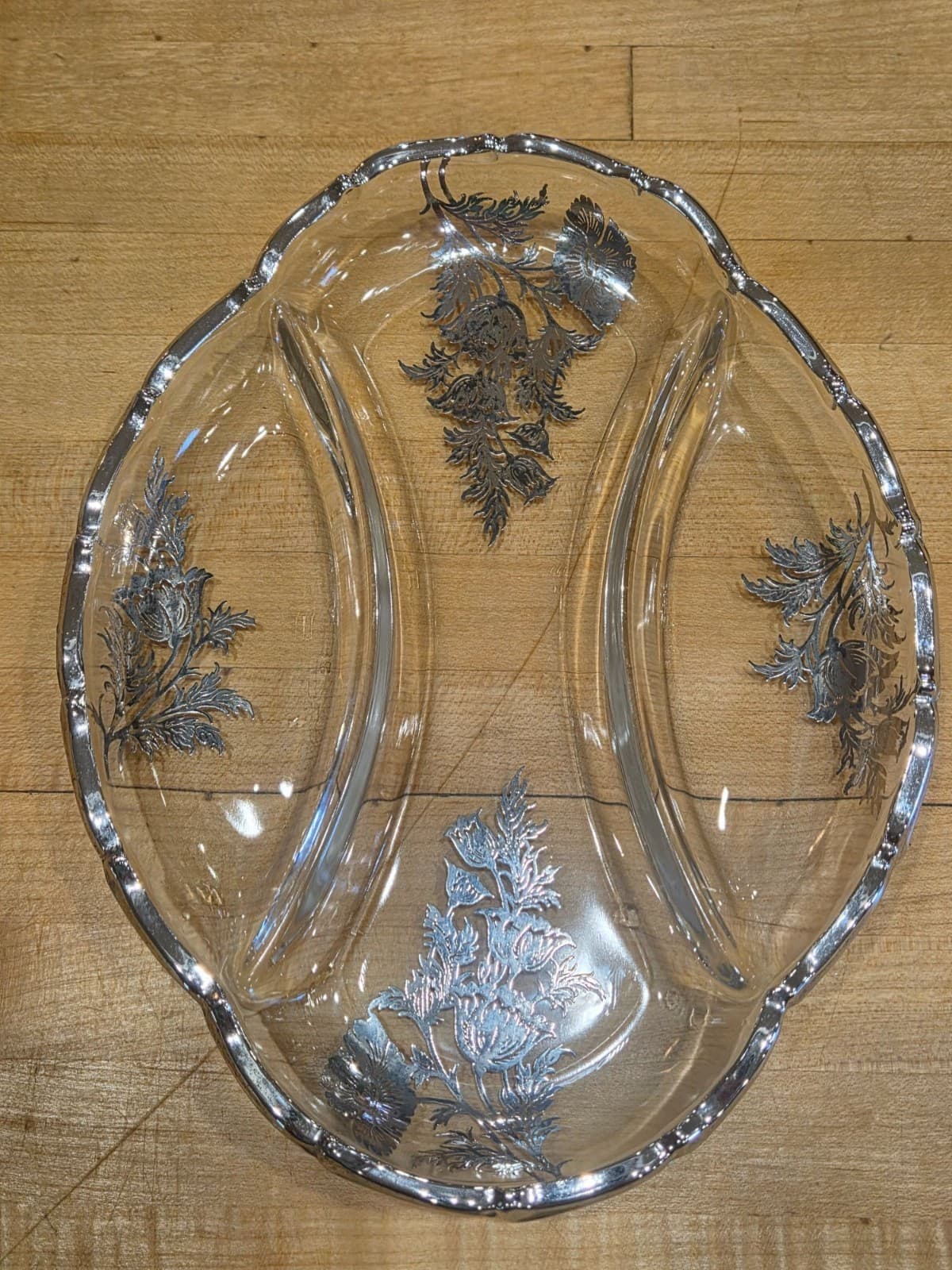 Vintage Divided Glass Serving Dish With Silver Floral Overlay 7.5 Inches Elegant - Thumbnail 2