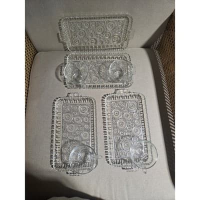 Vintage Anchor Hocking Colonial Lady Snack Set 4 Trays 4 Cups MCM Clear Glass