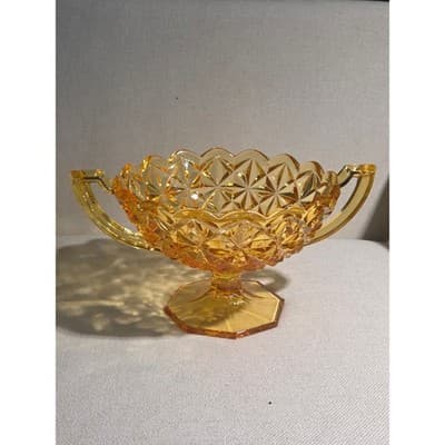 Vintage Kemple Amber Glass Large 11.5" Console Bowl Footed Two Handles Toltec