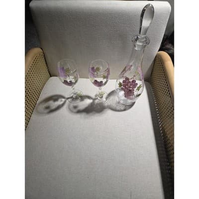 Home Essentials Vintage Hand Painted Wine Decanter Set 2 Glasses Purple Grapes