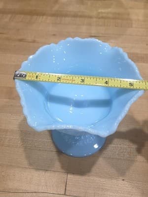 Vintage Fenton Blue Milk Glass Pedestal Compote Ruffled Candy Bowl 1960s - Thumbnail 8