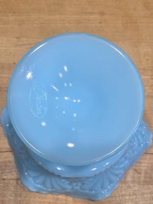 Vintage Fenton Blue Milk Glass Pedestal Compote Ruffled Candy Bowl 1960s - Thumbnail 4