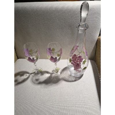 Hand painted glass Wine decanter with glass stopper and 2 matching wine glasses