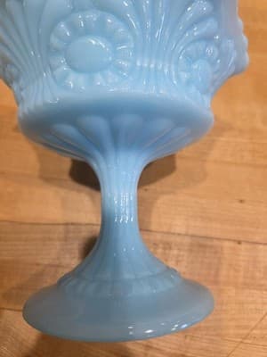 Vintage Fenton Blue Milk Glass Pedestal Compote Ruffled Candy Bowl 1960s - Thumbnail 6