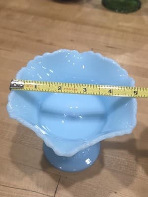 Vintage Fenton Blue Milk Glass Pedestal Compote Ruffled Candy Bowl 1960s - Thumbnail 9