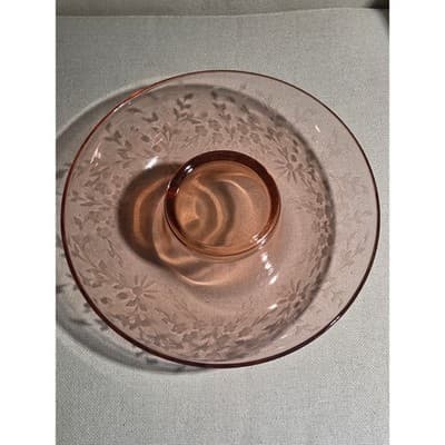 Vtg 12" Lancaster Glass Pink Depression Centerpiece Bowl Floral Etched 1930s - Thumbnail 2