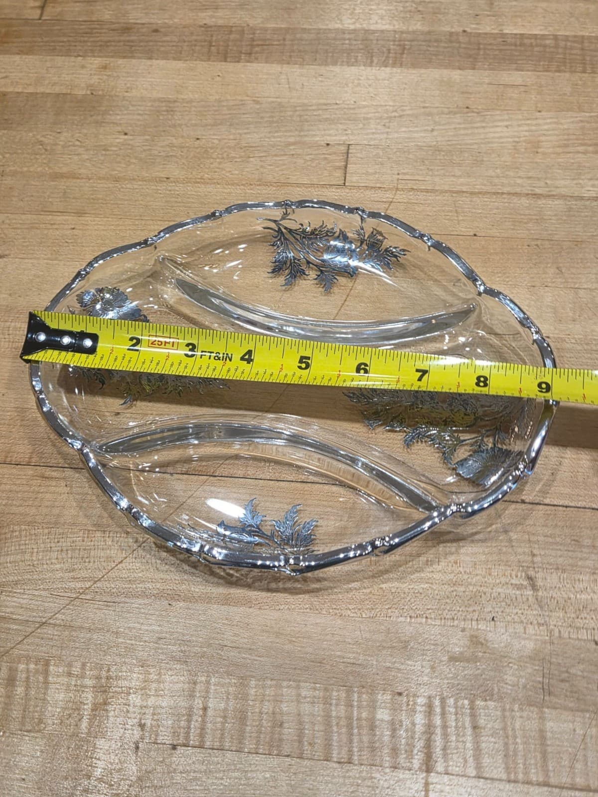 Vintage Divided Glass Serving Dish With Silver Floral Overlay 7.5 Inches Elegant - Thumbnail 6