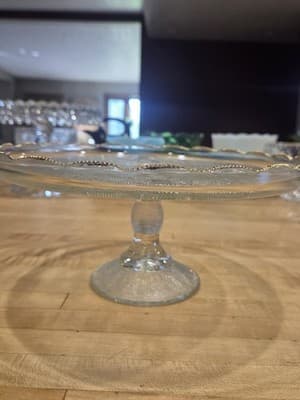 Vintage Jeannette Glass Harp Lyre Pedestal Cake Stand Gold Trim 10 Inch 1950s - Thumbnail 6