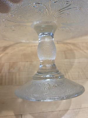 Vintage Jeannette Glass Harp Lyre Pedestal Cake Stand Gold Trim 10 Inch 1950s - Thumbnail 4