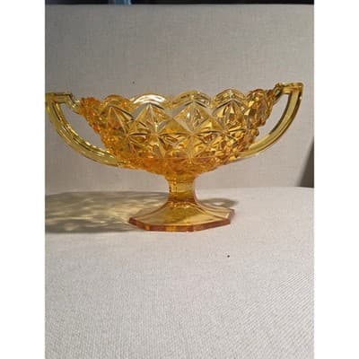 Vintage Kemple Amber Glass Large 11.5" Console Bowl Footed Two Handles Toltec - Thumbnail 2