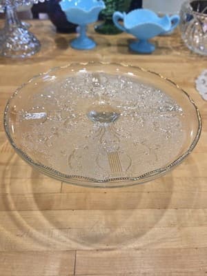 Vintage Jeannette Glass Harp Lyre Pedestal Cake Stand Gold Trim 10 Inch 1950s - Thumbnail 7