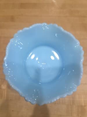 Vintage Fenton Blue Milk Glass Pedestal Compote Ruffled Candy Bowl 1960s - Thumbnail 5