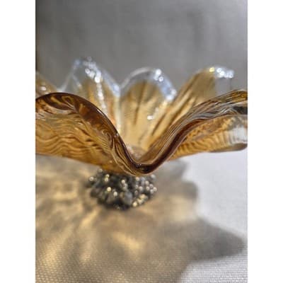 Antica Cristalleria Italiana Murano Amber Glass Silver Footed Bowl 11 3/4” Width - Thumbnail 5