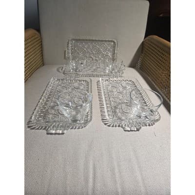 Vintage Anchor Hocking Colonial Lady Snack Set 4 Trays 4 Cups MCM Clear Glass - Thumbnail 5