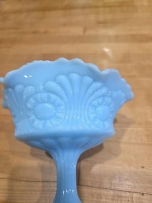 Vintage Fenton Blue Milk Glass Pedestal Compote Ruffled Candy Bowl 1960s - Thumbnail 2